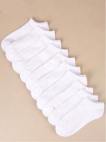 1/5/8/10/12 pares de calcetines cortos de unicolor unisex, primavera/verano - Blanco - Ver 1
