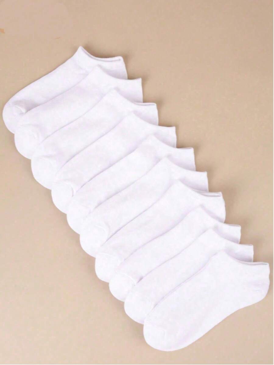 1/5/8/10/12 pares de calcetines cortos de unicolor unisex, primavera/verano - Blanco - Ver 1