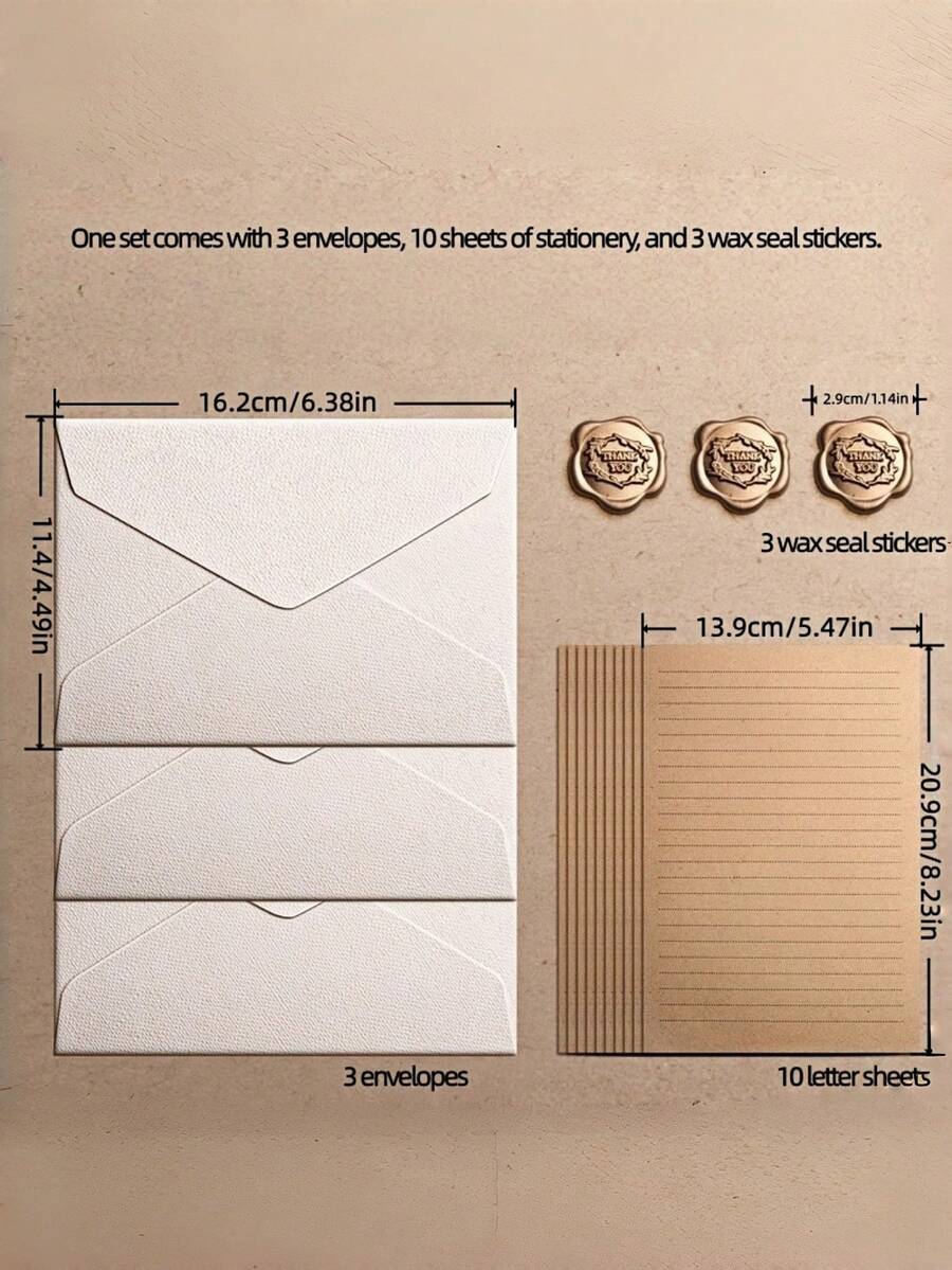 1Set Complete Letter Writing Set – 10 Sheets Of Stationery Paper, 3 Envelopes & 3 Wax Seal Stickers – Ideal Gift For Weddings, Invitations & Personal Notes,Pen Pals,Journaling Enthusiasts - A - View 1