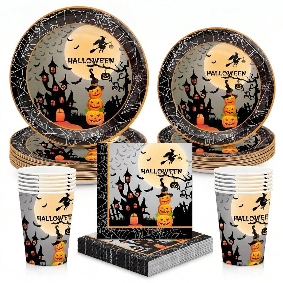 10/20/50/80pcs Halloween Horror Party Tableware Set, Haunted House Witch Flying Pumpkin Layered Paper Plates Cups Napkins, Halloween Disposable Plates, Pumpkin Lantern, Witch, Castle And Spider Web Pattern, Halloween Trick Or Treat Horror Decoration Supplies - View 1