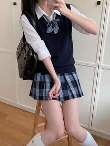 1件組 日系甜美JK制服女款 海軍藍背心＋長袖襯衫＋藍色格紋裙套裝，Y2K校園Cosplay風格，秋季 - 彩色 - 查看 3