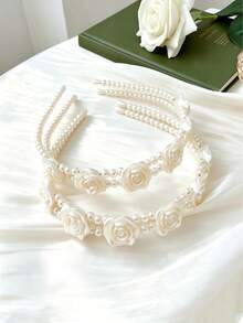 1pc Cute White Rose Pearl Double Layer Headband, Elegant Floral Beaded Hairband For Girls, Sweet Daily Hair Accessory - 1 Piece Of Super Fairy Pearl Headband - View 3