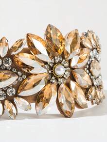 1pc Solid Color European & American Fashion Baroque Vintage Glamorous Gemstone Pearl Large Flower Shaped Decorative Headband Elegant High Quality Ball Evening Party Hair Accessory - FG1601 - Brown - View 3