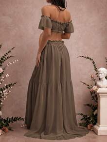 Maternity Strapless Ruffle Hem Dress, Chiffon Moderate Stretch Ruffle Detail Front Slit Ruffle Hem Maternity Photography Baby Shower Party Dress Fall - Brown - View 2