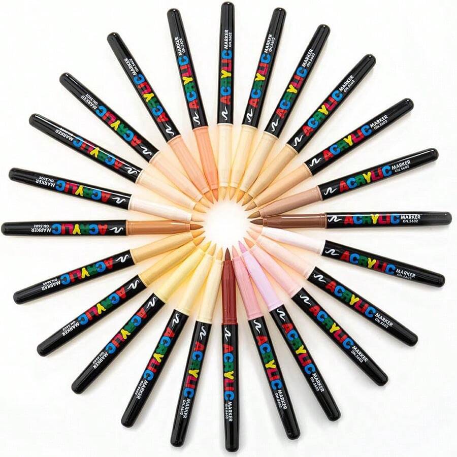 24 Marcadores de Arte com Cores de Tons de Pele, Canetas de Tinta Acrílica com Ponta de Pincel Macia para Madeira, Vidro, Tecido, Ilustração, Esboço e Desenho - 24 cores/conjunto - Visão 1