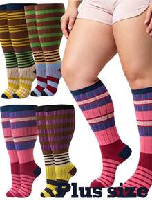 1 Pair Unisex Couple Striped Retro Sports Compression Calf Socks, Running Fitness Hiking Versatile, Autumn/Winter New Arrival - Multicolor - View 1