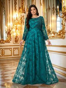 Plus Size Elegant Autumn/Winter Faux Pearl & Rhinestone Embellished Lace A-Line Long Evening Dress, Round Neck Sheer Long Sleeve, Suitable For Party, Wedding, Date - Teal Blue - View 6