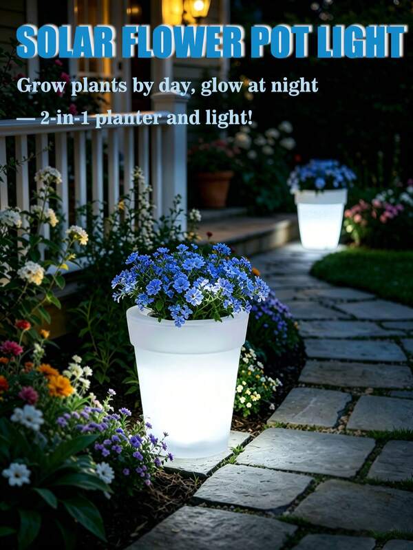 LED Solar Plant Pot Lights, IP44 Waterproof White Plastic Illuminated Planters, Dusk To Dawn Auto On/Off Decorative Flower Pot Lamps, Indoor Outdoor Landscape Lighting For Garden, Patio, Yard, Balcony, Pathway, Desk & Home Room Decor, Night Lamp