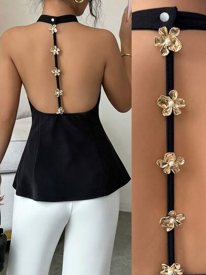 Top de tirantes finos de punto con color liso, cintura definida y decoración de hebilla metálica en la espalda, sexy para vacaciones de primavera/verano para mujer