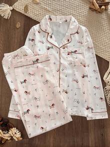 Women's Cartoon Dachshund Print Pajama Set - Long Sleeve Button-Up Top With Pants, Soft And Breathable, Cute Loungewear - White - View 8