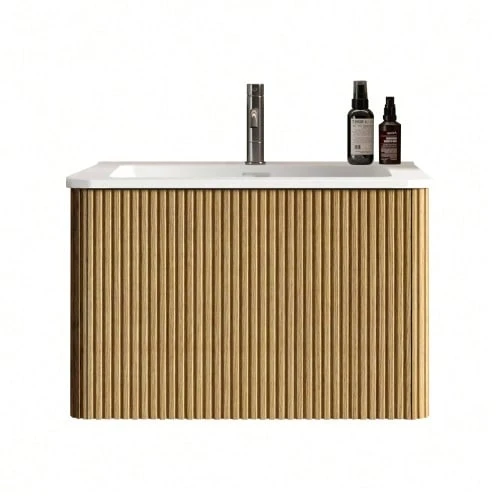 Washbasin With Vanity Unit For Small Bathrooms, Mineral Cast Basin, Grooved Design, 60cm Wall-Mounted Bathroom Unit, Natural Oak Color, Pre-Assembled - 駝色 - 查看 1
