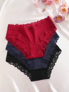 3件組純色棉質羅紋蕾絲拼接性感舒適女款三角內褲 - 彩色 - 查看 5