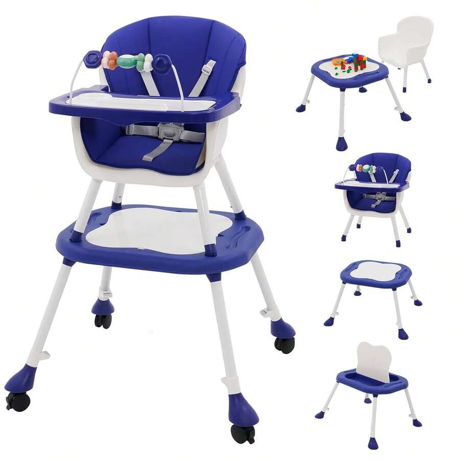 Baby High Chair With Table, Kids High Chair With  Harness And Anti-Tip Protection - 藍色 - 查看 1