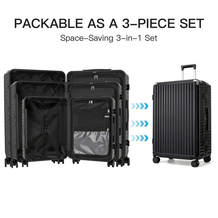 PC Hard Shell Luggage Suitcase With Cup Holder 20 Inch Cabin 24 Inch Medium 28 Inch Large Zip Free Aluminium Frame TSA Lock 3 Piece Luggage Set Black - Black - View 11