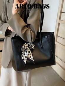 Tas Tote Besar Klasik Elegan dengan Aksesori Syal Bermotif Kotak-kotak yang Dapat Dilepas, Tas Bahu Serbaguna untuk Acara Bisnis, Kasual, dan Sehari-hari - Hitam - View 5