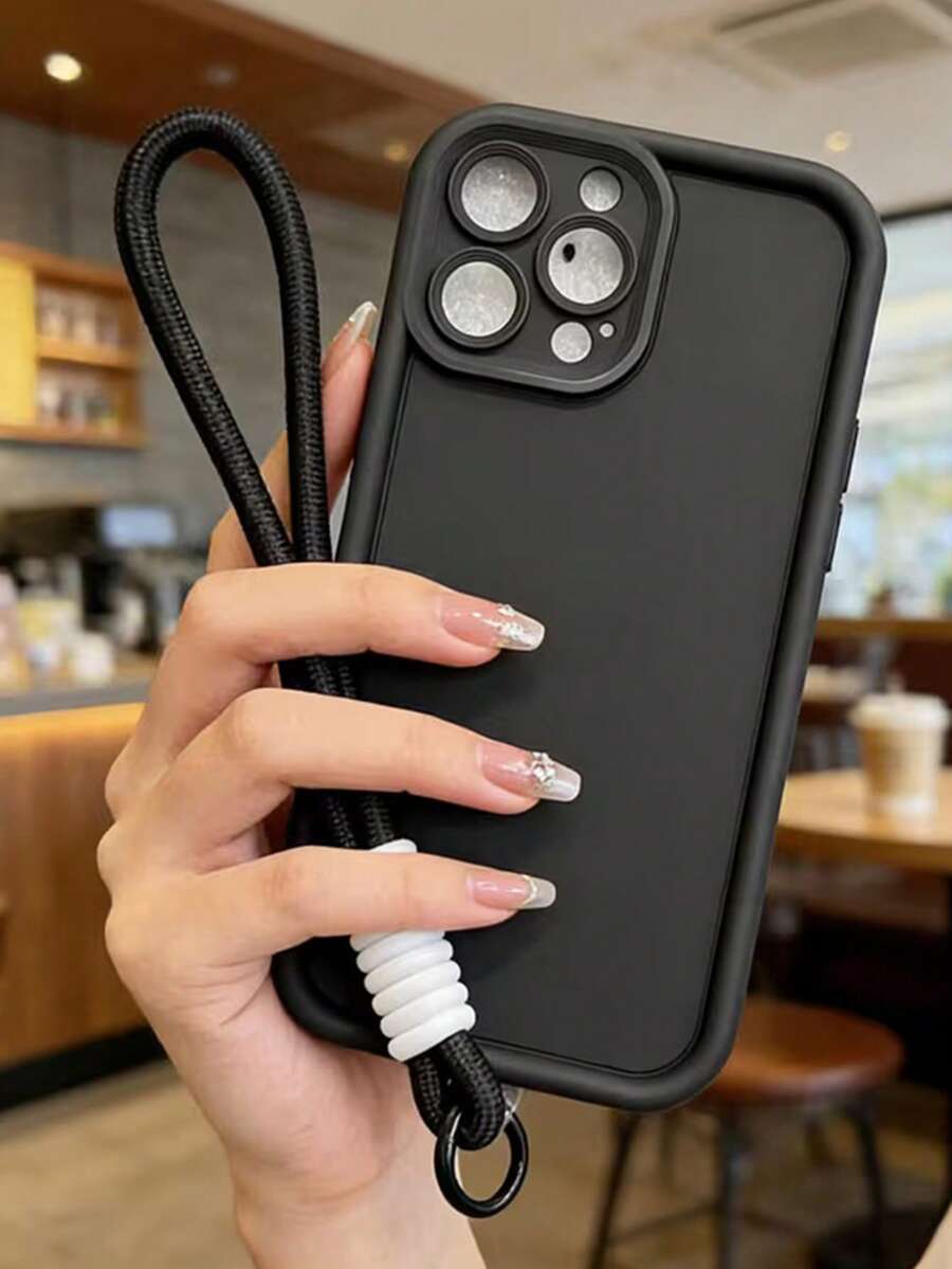 Luxury Solid Color Bring A Short Rope Phone Case Compatible With IPhone 17 Pro Max 16 15 14 13 12 Pro Max Minimalist Fashion Easy Protective Back Cover - Black - View 1
