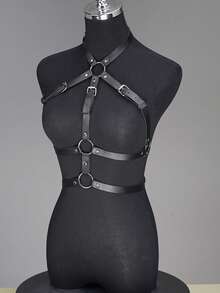 PU Leather Waist Belt Black Collar Cross Full Body Harness,Double Metal Ring Dual Layer Adjustable Shoulder Strap For Punk Y2K Office Rave Cosplay - 彩色 - 查看 8