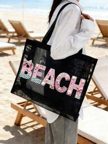 Bolsa de playa de malla con patrón de letras de strass, bolsa de maquillaje transparente portátil estilo hawaiano, bolsa de almacenamiento de lápiz labial, polvo, cuidado de la piel y artículos de tocador, esencial multifuncional para viajes, cruceros y dormitorios, bolsa de playa ligera de verano para mujeres, regalo ideal para bodas, damas de honor, Día de la Madre y cumpleaños para amigos, familia y maestros, bolsa de almacenamiento para joyas, esmalte de uñas y brillo labial en el hogar, baño y dormitorio - Multicolor - Ver 2