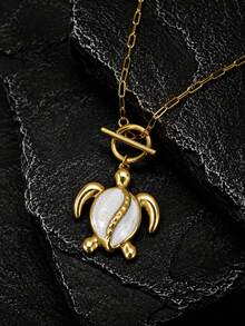 1pc Stainless Steel 18K Gold Plated Ocean Style White Oil Drop Turtle Sea Turtle Pendant Necklace - Multicolor - View 5