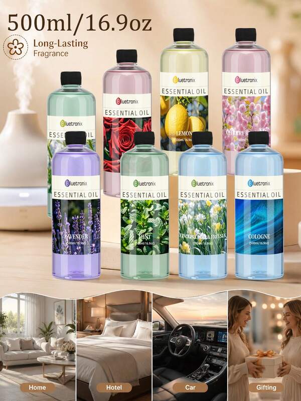 500ml Aromatherapy Essential Oil Refill Liquid, Hotel-Style Fragrance Diffuser Oil For Home And Commercial Use, Large Capacity Long-Lasting Scent, Suitable For Living Room, Bedroom, Study, Hotel, B&B, Multiple Classic Fragrances Available: Cherry Blossom/Lavender/Sandalwood/Lemon/Jasmine/Rose/Bluebell/Osmanthus/Peppermint/Eucalyptus, Ideal Holiday Gift