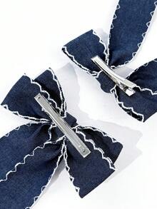 1件女款韓式簡約牛仔色布料蝴蝶結髮夾，淺色與深色牛仔百搭長緞帶髮飾，日常通勤休閒穿搭旅行拍照氛圍頭飾 - 彩色 - 查看 5