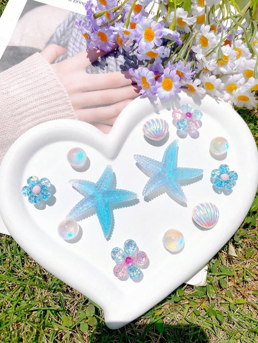 12pcs Blue Starfish, Colorful Shells, Glitter Flowers ABS Resin Shoe Charms DIY Detachable - Personalized Footwear Accessories - Blue - View 1