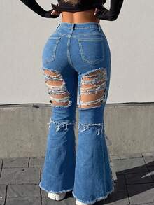 Plus Size Denim Straight Leg Jeans For Women, Medium Stretch Long Pants With Zipper Details, Perfect For Fall Women's Clothes - Blue - View 4