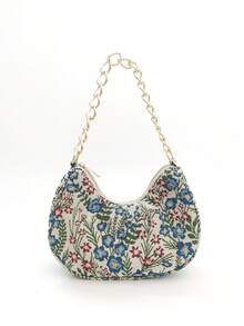 LJDCRFT Elegant Vintage Floral Crescent Underarm Bag With A Chunky Gold Chain, Suitable For Weddings, Dates, Vacations, And Daily Wear. - Blue - View 1