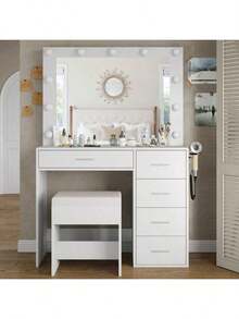 FUSOU 37" LED Makeup Vanity Desk With Mirror, Power Outlet & USB Ports, 3 Dimmable Lights, 5 Drawers, Glass Top & Stool, White - White - View 1