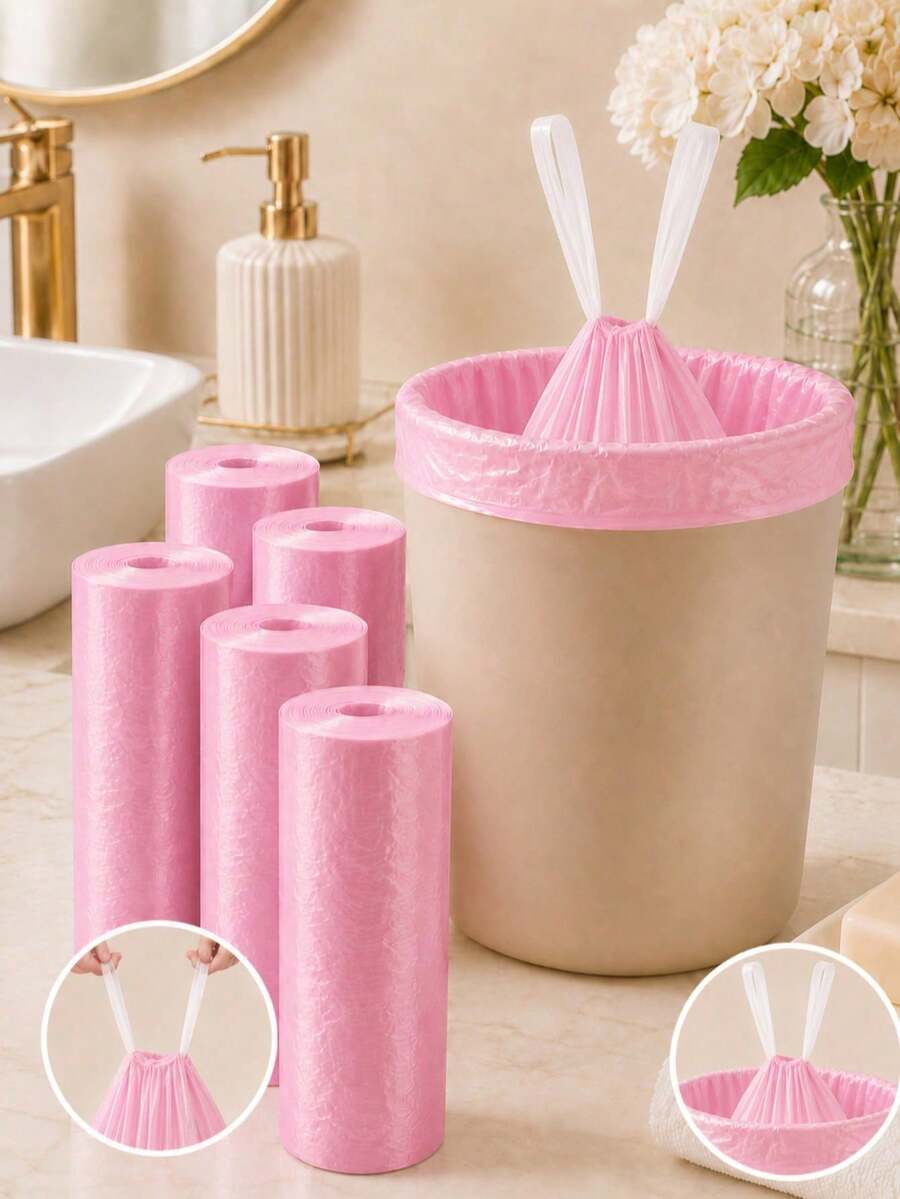 400/200/100/50pcs Pink Drawstring Trash Bags - Rose Scented Thick Leak-Proof Garbage Bags, 4-5 Gallon Small Capacity, Durable And Sturdy, Suitable For Bathroom, Kitchen And Daily Home Use - Multicolor - View 1