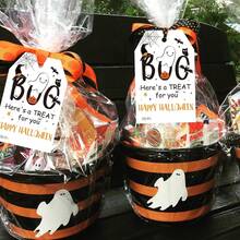 Etiquetas colgantes de Halloween con cuerda, etiquetas de papel de 3.3x2.1 pulgadas con fantasma y Feliz Halloween para embalaje de regalos, etiquetas negras de Boo para fiestas, adecuadas para bolsas de caramelos, recuerdos de fiesta, manualidades DIY - Etiquetas de Halloween con - Ver 7