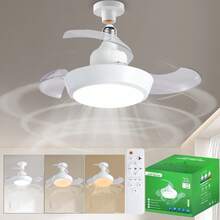 2PCS 16.5'' Socket Fan Light With Retractable Invisible Blades, Remote Control 3 Color Dimmable Ceiling Fan Lamp, 3 Speeds, 1/2/4H Timer Quiet Small Fan Light Fixture For Bedroom Laundry Office Garage, Base Not Included - White - View 3