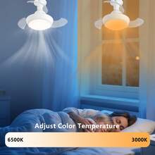 2PCS 16.5'' Socket Fan Light With Retractable Invisible Blades, Remote Control 3 Color Dimmable Ceiling Fan Lamp, 3 Speeds, 1/2/4H Timer Quiet Small Fan Light Fixture For Bedroom Laundry Office Garage, Base Not Included - White - View 4