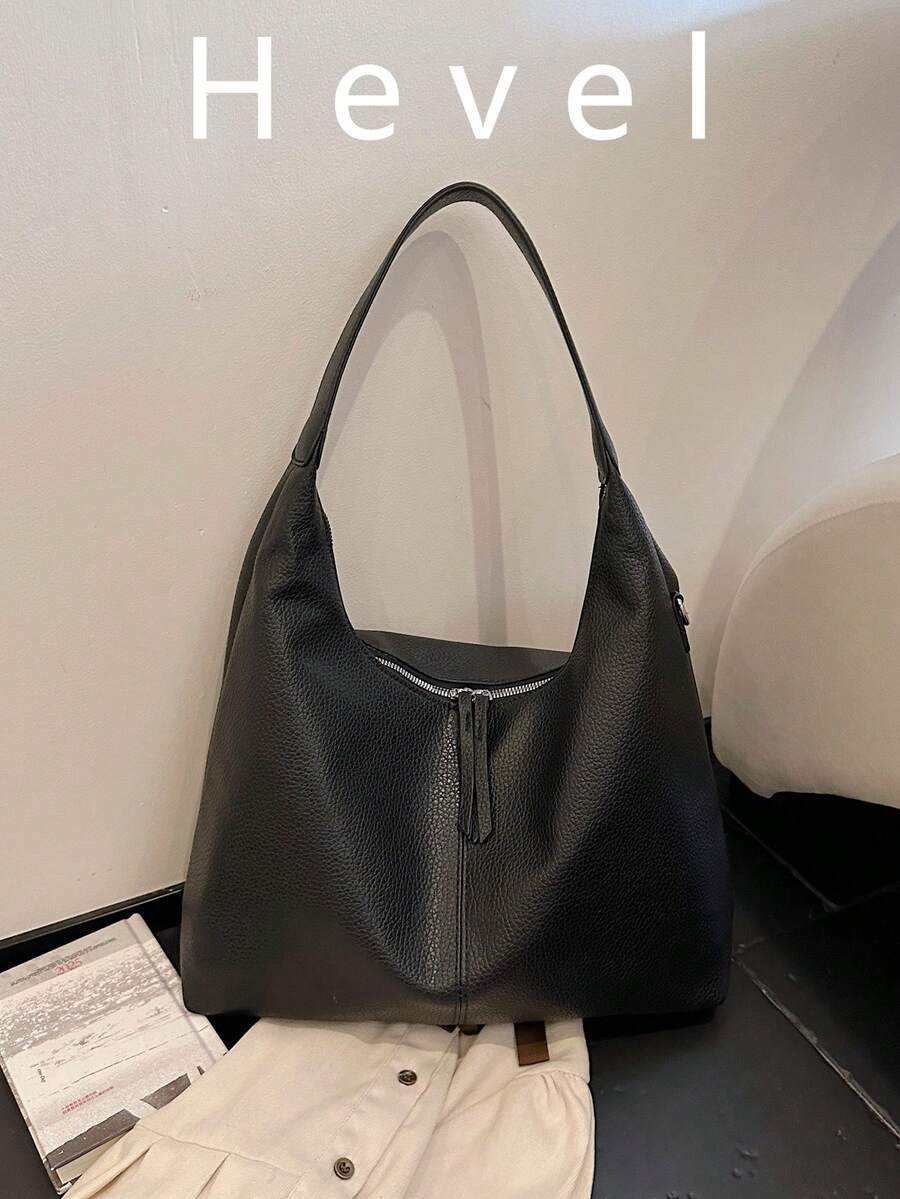 Hevel 極簡風女款單肩包手提包,高品質腋下包,半月形包,適合辦公、通勤、購物,女款包袋 - 黑色 - 查看 1
