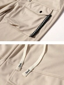 Men's Beige Cargo Jogger Pants, Elastic Drawstring Flap Pockets, Contrast Zigzag Webbing & Label Patch, Loose Street Casual Everyday Long Pants - Khaki - View 5