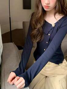 Asymmetrical V-Neck Knit Sweater, Slim Fit Pullover Top For Spring - Royal Blue - View 5