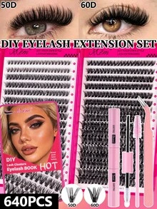 MEM 640/576/416 Stück D-Curl Kunstnerz Cluster Wimpern, 9-16mm gemischte Länge, dick, flauschig, leicht, wiederverwendbar, DIY Einzelwimpern für alle Make-up-Stile, optional Kleber, Entferner & Pinzette, kostengünstiges Anfänger-Wimpern-Set für alle Anlässe - Schwarz - Übersicht 4
