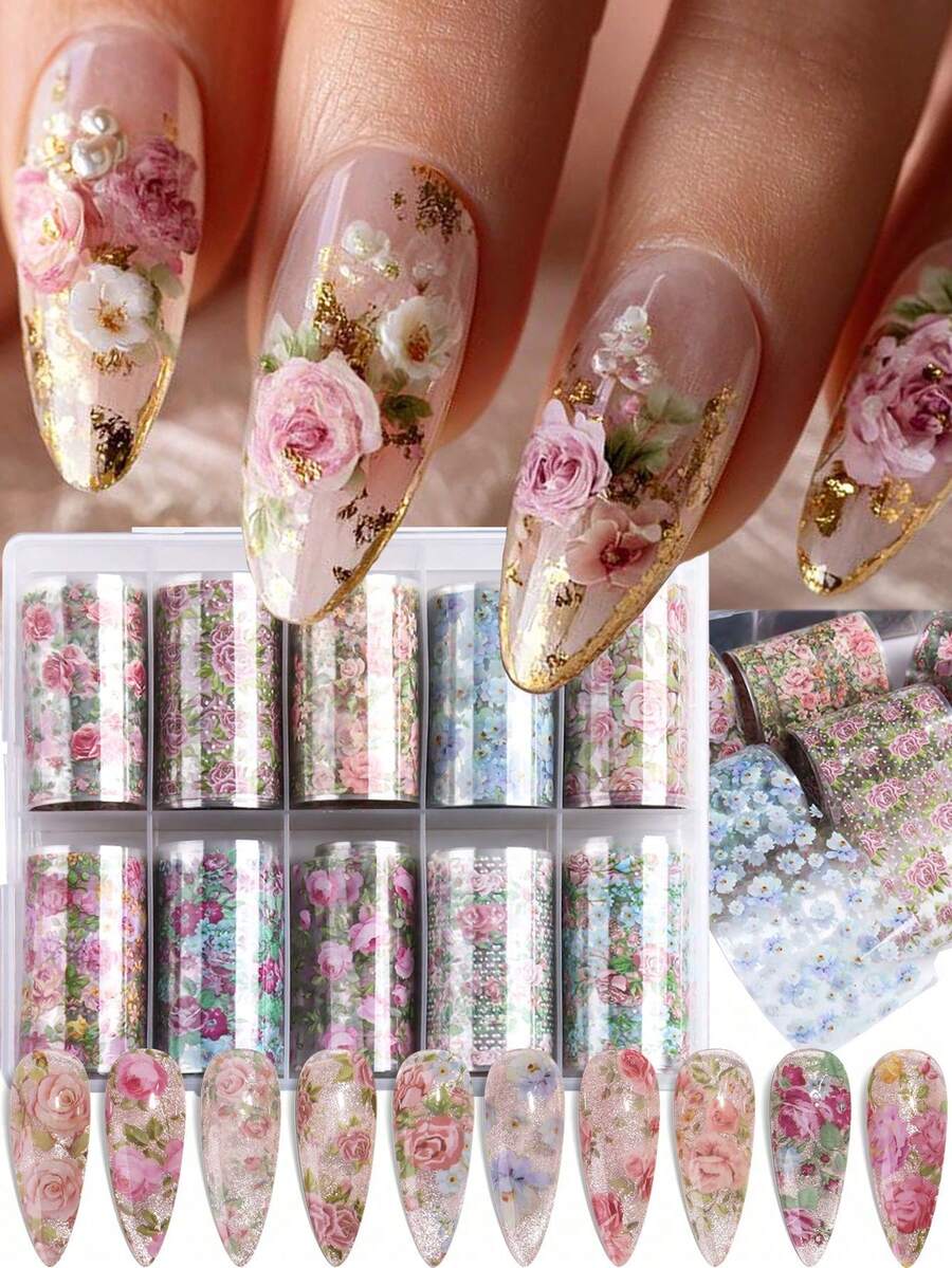 1片美甲貼紙,節日圖案金屬箔轉印貼紙,雷射鄉村玫瑰圖案美甲金屬箔貼紙,適合女性DIY美甲裝飾 - 彩色 - 查看 1
