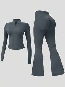 NcmRyu One Set Women's Seamless Ribbed Zipper Mock Neck Long Sleeve Flare Leggings Sports Set - Dark Grey - View 5