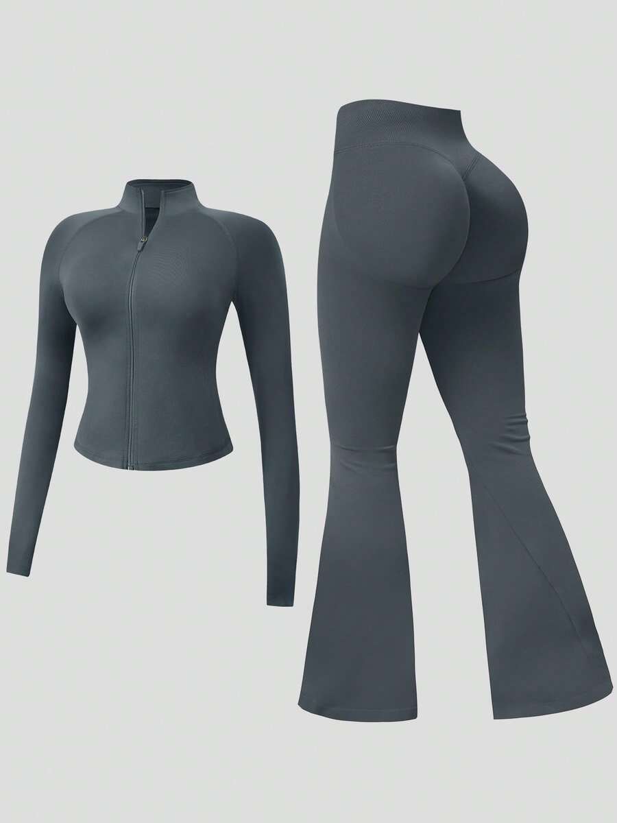 NcmRyu One Set Women's Seamless Ribbed Zipper Mock Neck Long Sleeve Flare Leggings Sports Set - Dark Grey - View 1