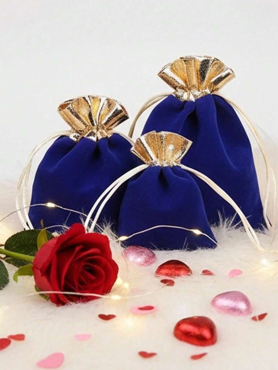 3pcs Black Red Burgundy Blue Valentine's Day Wedding Party Favor Plush Drawstring Gift Bags, Single-Sided Plush Gold Trim, Plush Packaging Bags With Straw And Earphone, Small Commercial Supplies - Multicolor - View 1