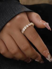 Juego de 5 anillos de cobre abiertos con circonita cúbica de moda, adecuado para mujeres, para bodas y fiestas (Caja de regalo no incluida) - Amarillo Oro - Ver 9