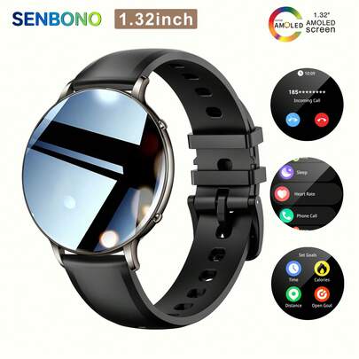 SENBONO 女款奢華時尚智慧手錶，1.32 吋 AMOLED 螢幕，支援無線通話功能、訊息推送、語音助理、女性生理週期提醒、提醒功能、運動軌跡、睡眠/心率監測，情侶禮物