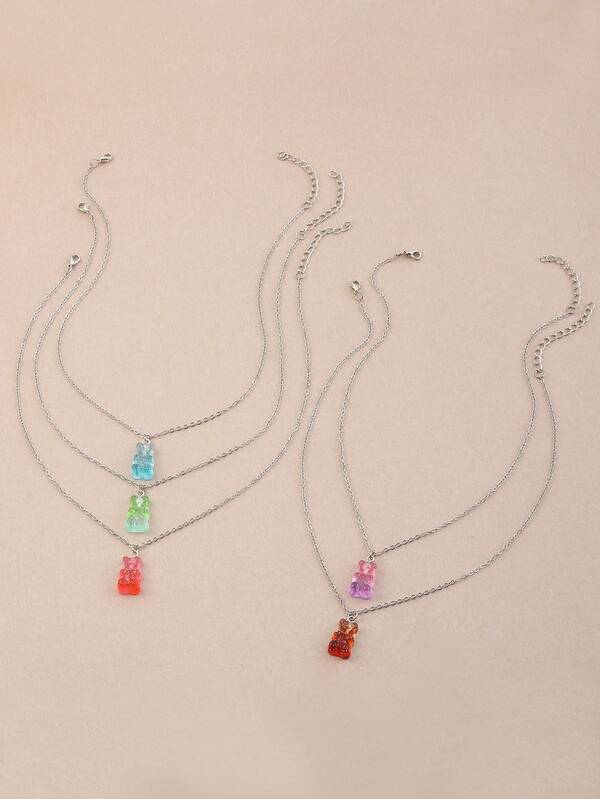 5pcs/Set Girls Colorful Glitter Resin Bear Pendant Necklace Set Suitable For Daily Decoration