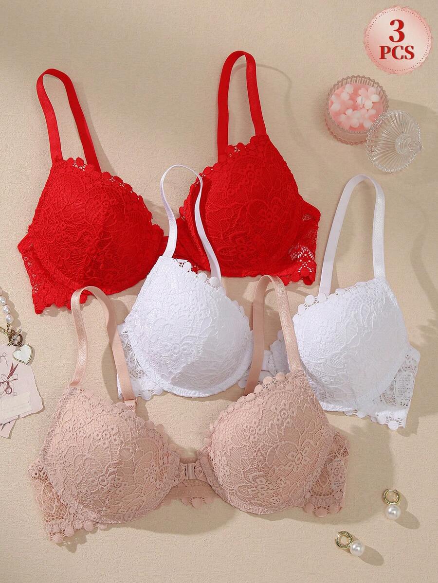 3pcs Lace Women's Lingerie Front Closure Push-Up Summer Cool Sexy Lace Bra