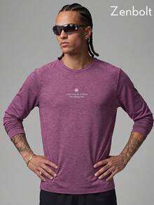 Zenbolt Men's Crew Neck Long Sleeve Top, Raglan Sleeve Cut, Chest Slogan Letter Print,Heather Soft Fabric, Slim Fit For Daily Casual Matching - Purple - View 6