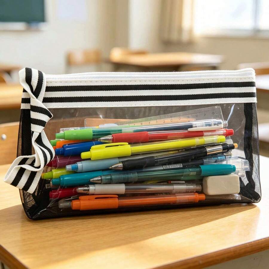 Mesh Large Zipper Pencil Case, Minimalist Pencil Pouch, Storage Pencil And Makeup Bag - Black Minimalist Style - View 1