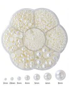 2000 قطعة/علبة ديكورات فن الأظافر من اللؤلؤ الأبيض الكريمي، علبة زهرة البرقوق، إكسسوارات لؤلؤ نصف دائرية، ديكور أظافر DIY بأحجام متنوعة - بيج - مشاهدة 3