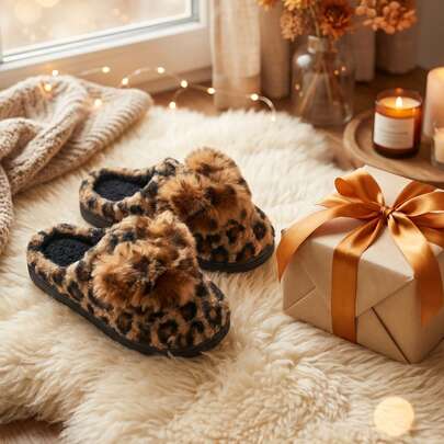 Vintage Leopard Print Heart Pom Pom Plush Slippers For Women, Autumn/Winter Warm Home Slippers, Thick Plush Skin-Friendly Soft, Non-Slip Quiet Soft Sole, Y2K Hot Girl Style Indoor Slip-On Sandals, Versatile Cold-Weather Home Shoes