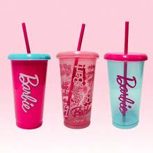Miniso Barbie Plastic Tumbler 4-Piece Set Of 520mL Straw Plastic Cups Fashionable Water Bottle Versatile Coffee Cup For Outdoor Travel Or School(1 PC) - Multicolor - View 3